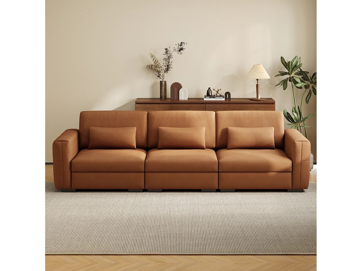 Grand canapé en simili cuir 276×98×90 cm, Canapé 3 places avec rembourrage doux et accoudoirs, nombreux coussins, canapé moderne pour salon et bureau