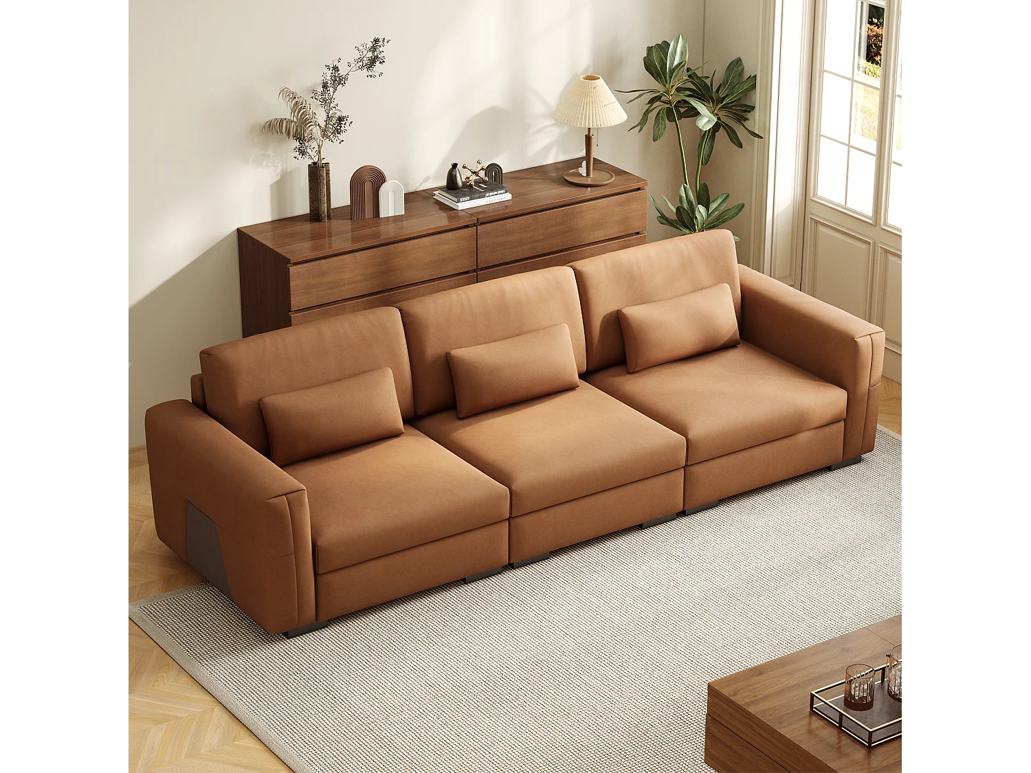 Grand canapé en simili cuir 276×98×90 cm, Canapé 3 places avec rembourrage doux et accoudoirs, nombreux coussins, canapé moderne pour salon et bureau