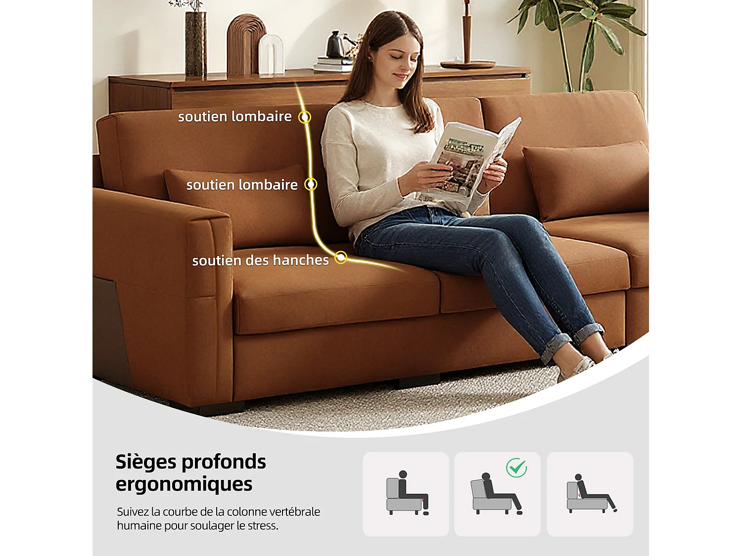 Grand canapé en simili cuir 276×98×90 cm, Canapé 3 places avec rembourrage doux et accoudoirs, nombreux coussins, canapé moderne pour salon et bureau