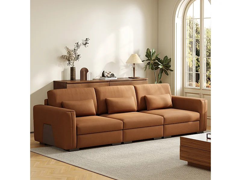 Grote bank 276×98×90 cm van kunstleer, comfortabele 3-zitsbank met zachte bekleding en armleuningen, veel kussens, moderne bank voor woonkamer en kantoor