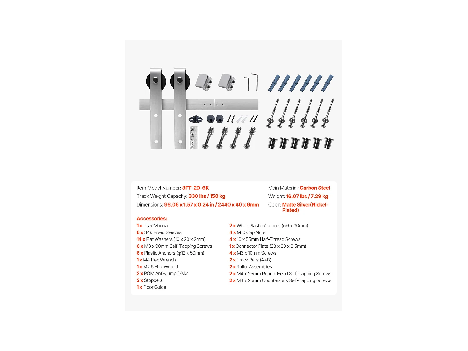 Schuifdeur, SucceBuy Hang- en sluitwerk voor Schuifdeur Schuurdeur 244 cm Geborsteld Nikkel Afwerking