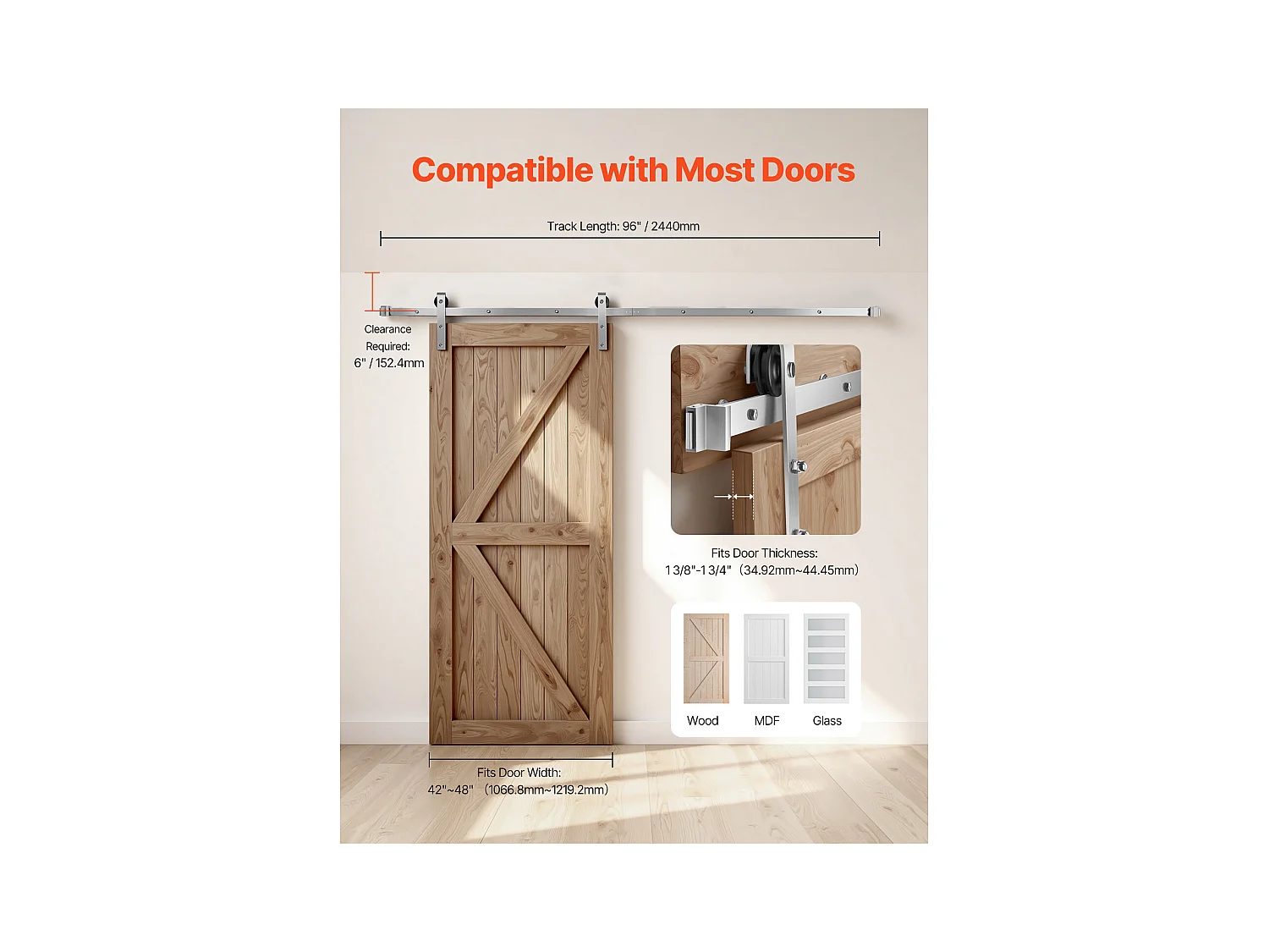 Porte Coulissante, SucceBuy Kit Quincaillerie de Porte Grange Coulissante 244 cm Finition Nickel Brossé