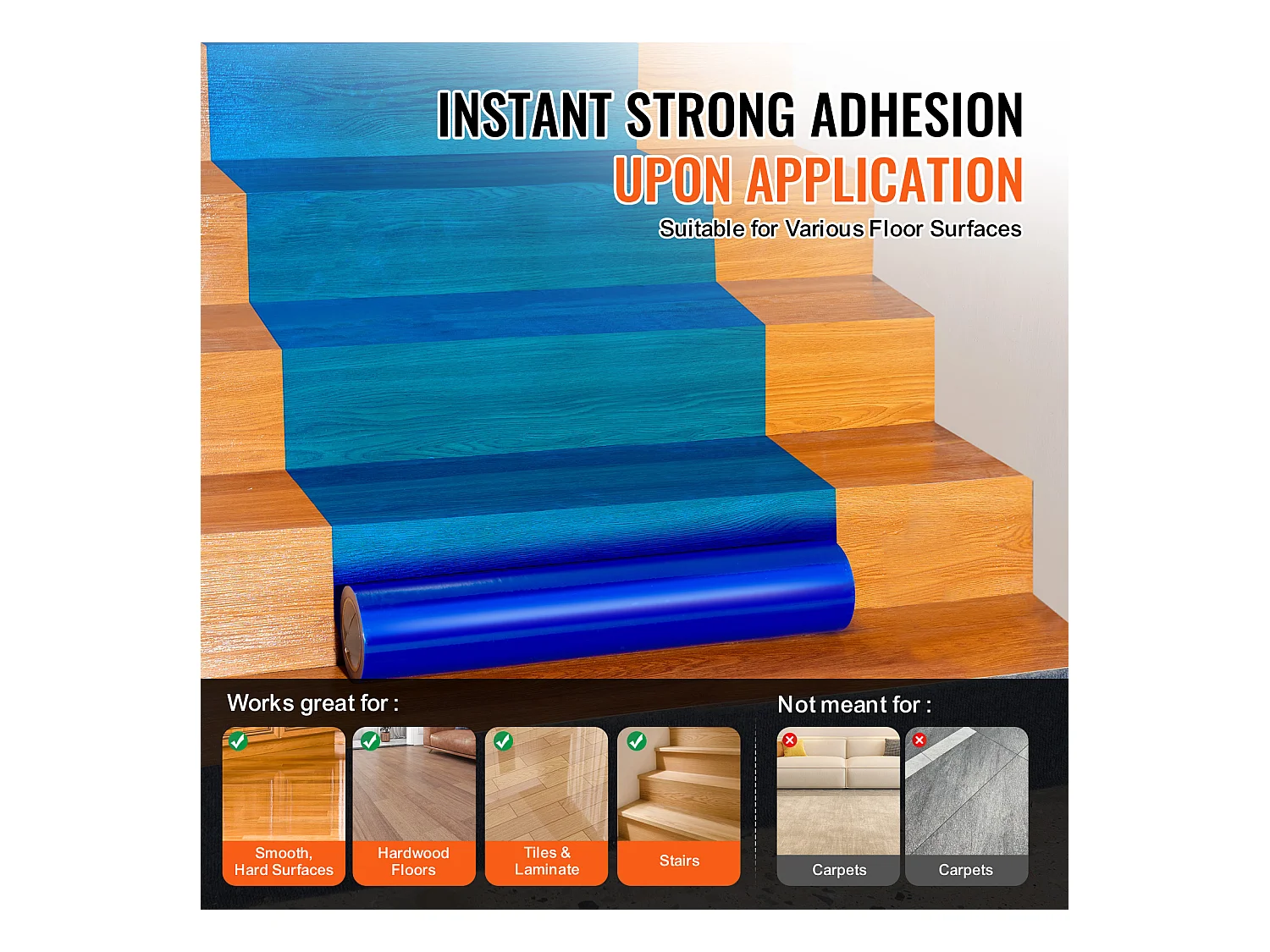 Film de Protection de Tapis, SucceBuy Film de Protection des Sols 61 cm × 60.96 m Protecteur de Tapis Auto-adhésif PE Bleu