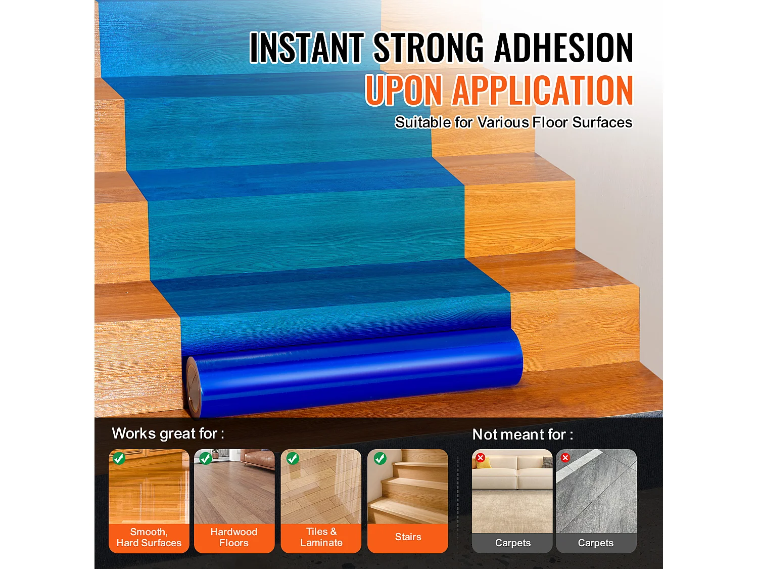 Film de Protection de Tapis, SucceBuy Film de Protection des Sols 61 cm × 60.96 m Protecteur de Tapis Auto-adhésif PE Bleu