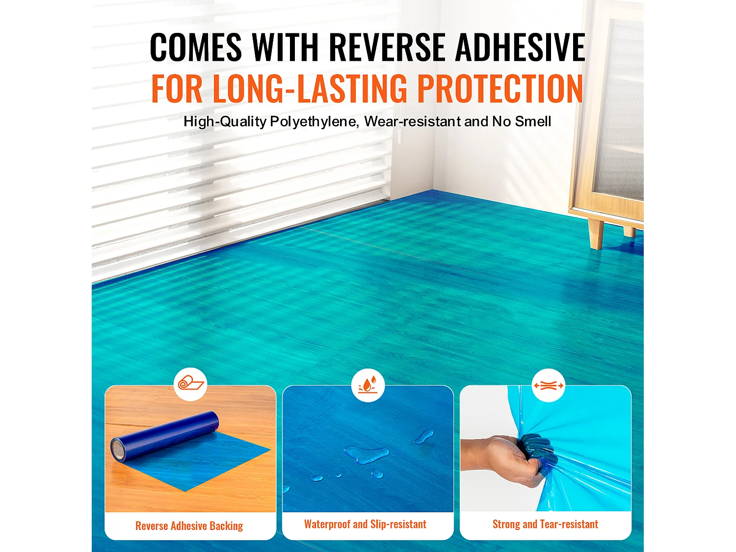 Film de Protection de Tapis, SucceBuy Film de Protection des Sols 61 cm × 60.96 m Protecteur de Tapis Auto-adhésif PE Bleu