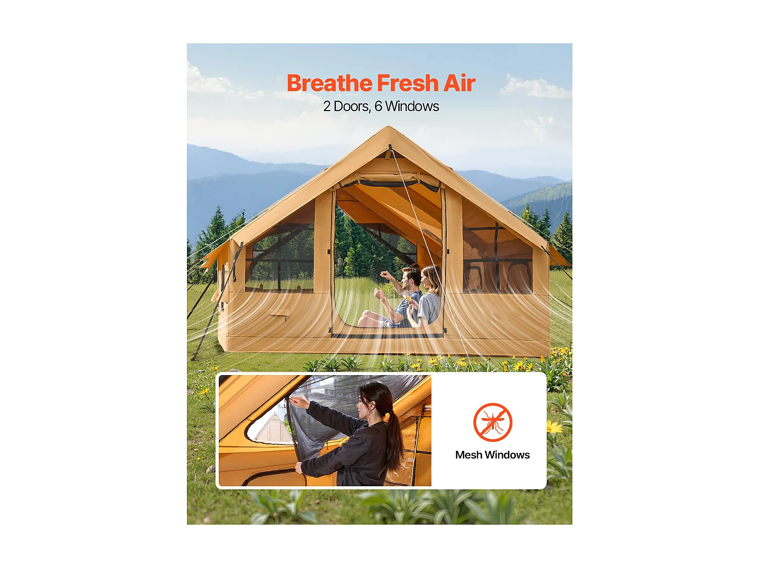 Tente de Camping Gonflable Glamping SucceBuy pour 5 à 8 Personnes avec Pompe, Dimensions du produit (L x l x H) : 4 x 3 x 2,2