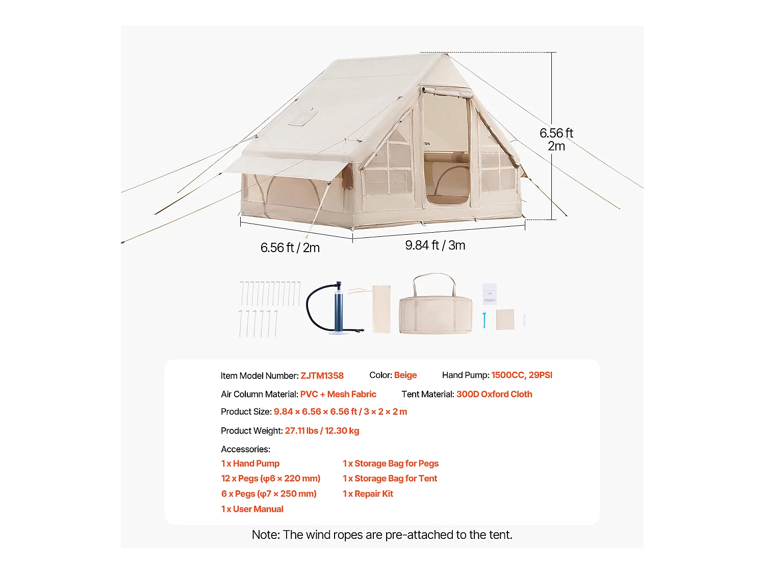 Tente de Camping Gonflable Glamping SucceBuy pour 3 à 5 Personnes avec Pompe à Main