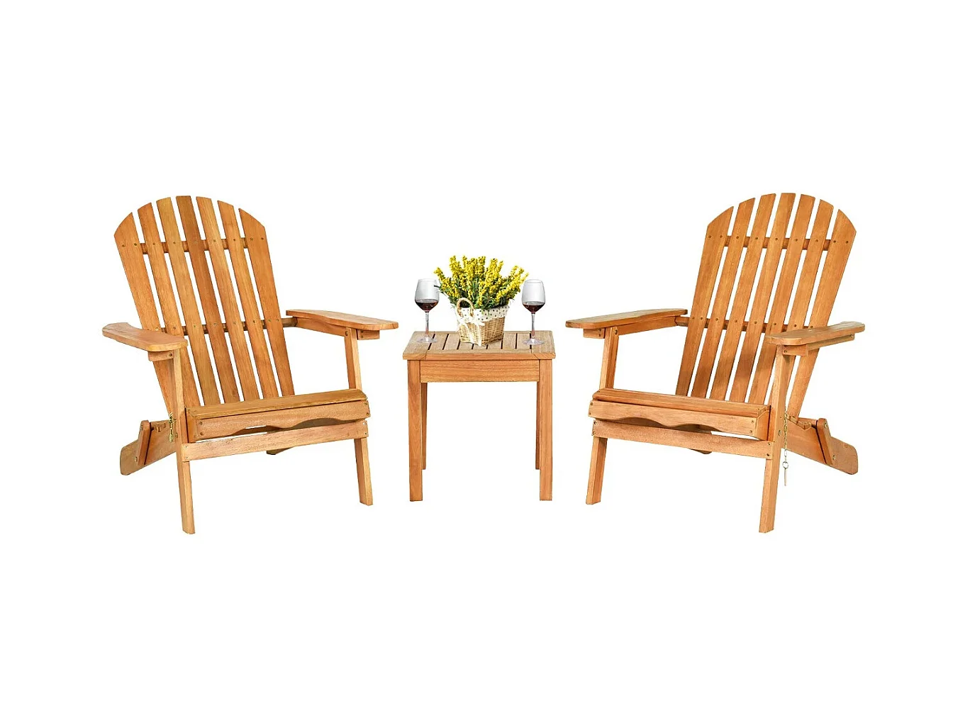 Ensemble de Meubles 3 Pcs Fauteuil Adirondack en Bois Eucalyptus et Table Salon de Jardin Chaises Longues Pliables avec Design à Lattes