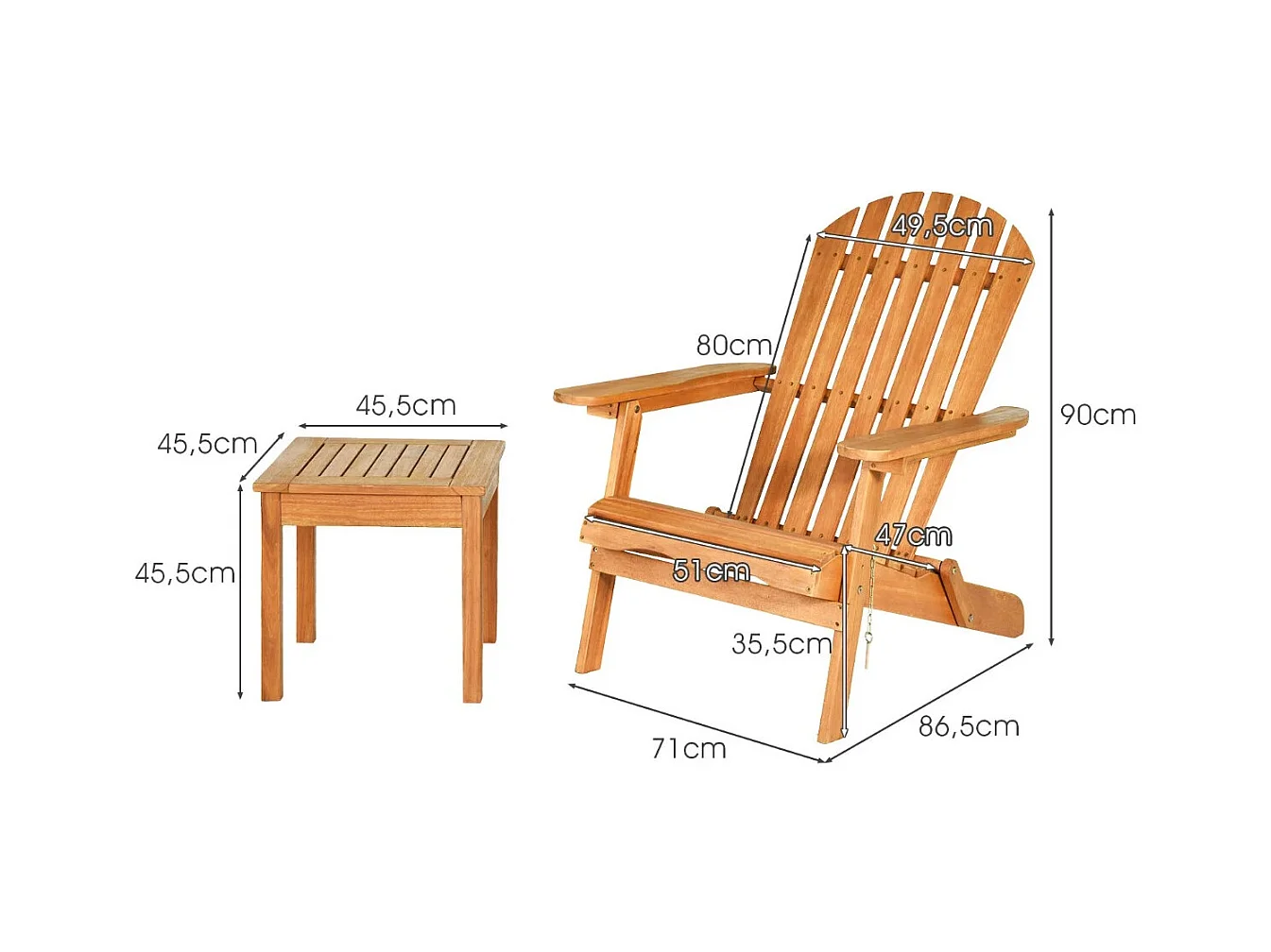 Ensemble de Meubles 3 Pcs Fauteuil Adirondack en Bois Eucalyptus et Table Salon de Jardin Chaises Longues Pliables avec Design à Lattes