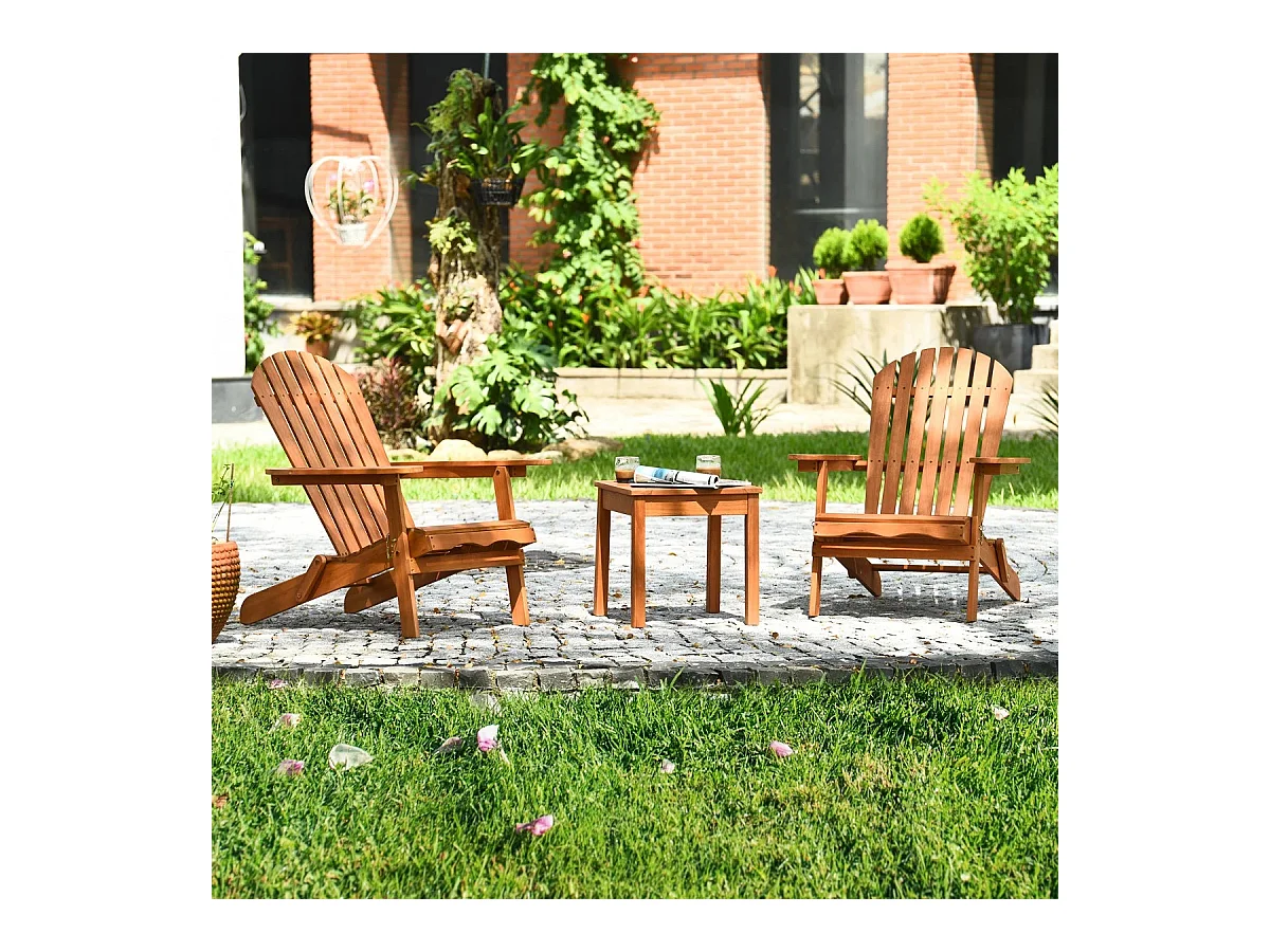 Ensemble de Meubles 3 Pcs Fauteuil Adirondack en Bois Eucalyptus et Table Salon de Jardin Chaises Longues Pliables avec Design à Lattes