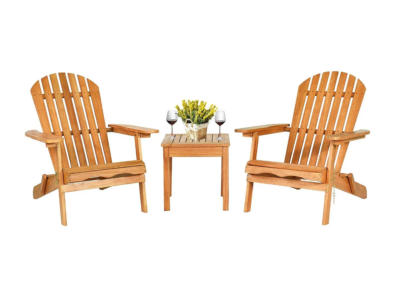 Ensemble de Meubles 3 Pcs Fauteuil Adirondack en Bois Eucalyptus et Table Salon de Jardin Chaises Longues Pliables avec Design à Lattes