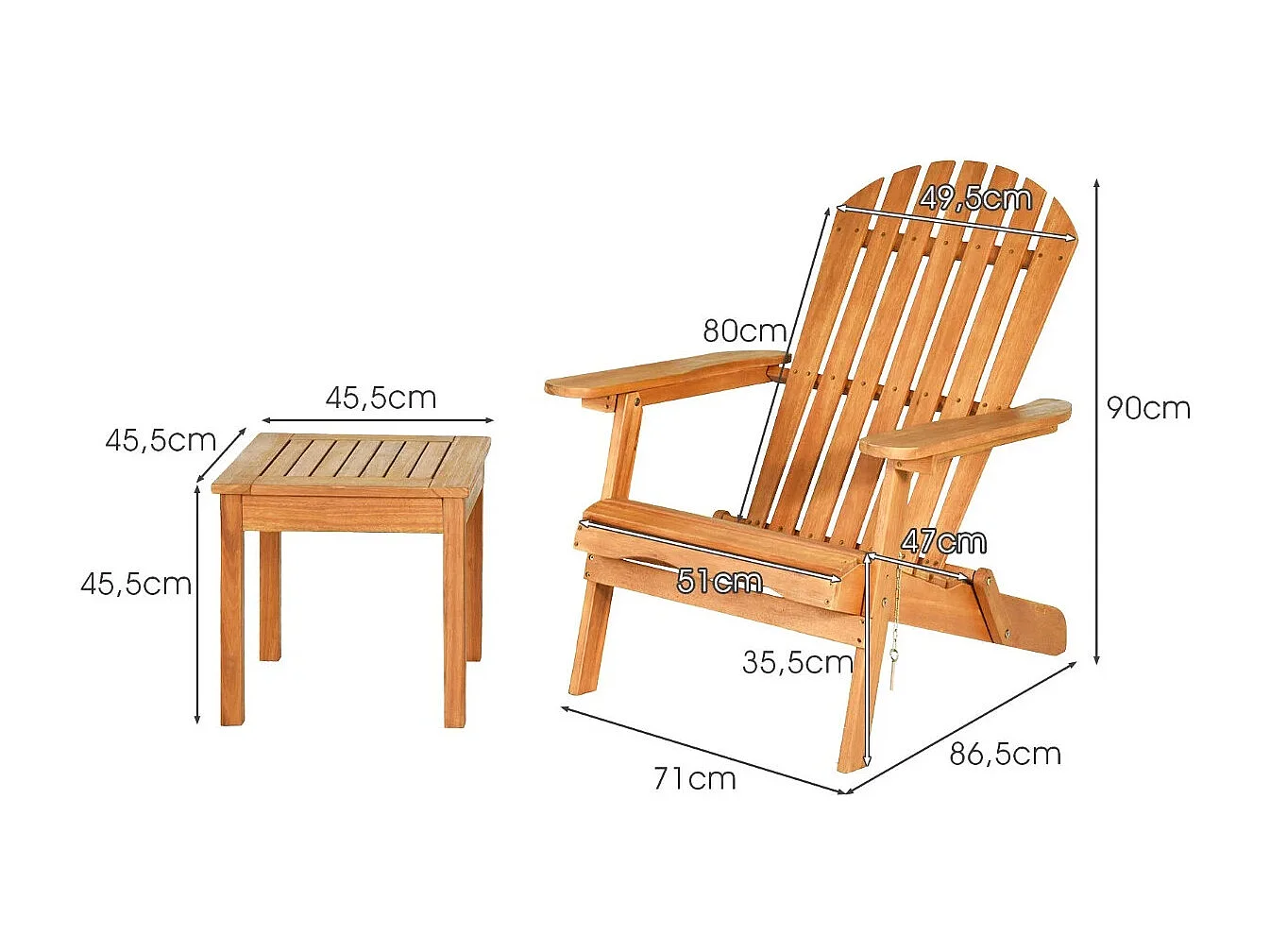 Ensemble de Meubles 3 Pcs Fauteuil Adirondack en Bois Eucalyptus et Table Salon de Jardin Chaises Longues Pliables avec Design à Lattes