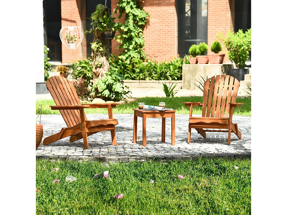 Ensemble de Meubles 3 Pcs Fauteuil Adirondack en Bois Eucalyptus et Table Salon de Jardin Chaises Longues Pliables avec Design à Lattes