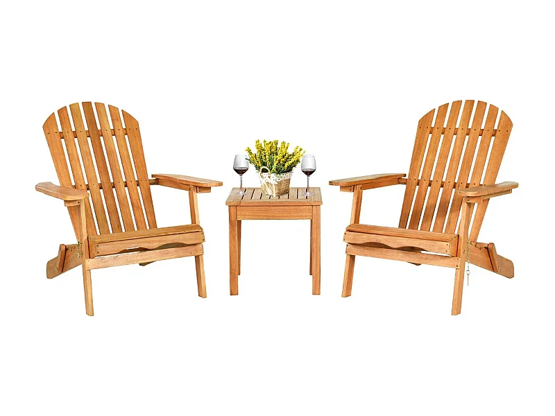 Ensemble de Meubles 3 Pcs Fauteuil Adirondack en Bois Eucalyptus et Table Salon de Jardin Chaises Longues Pliables avec Design à Lattes