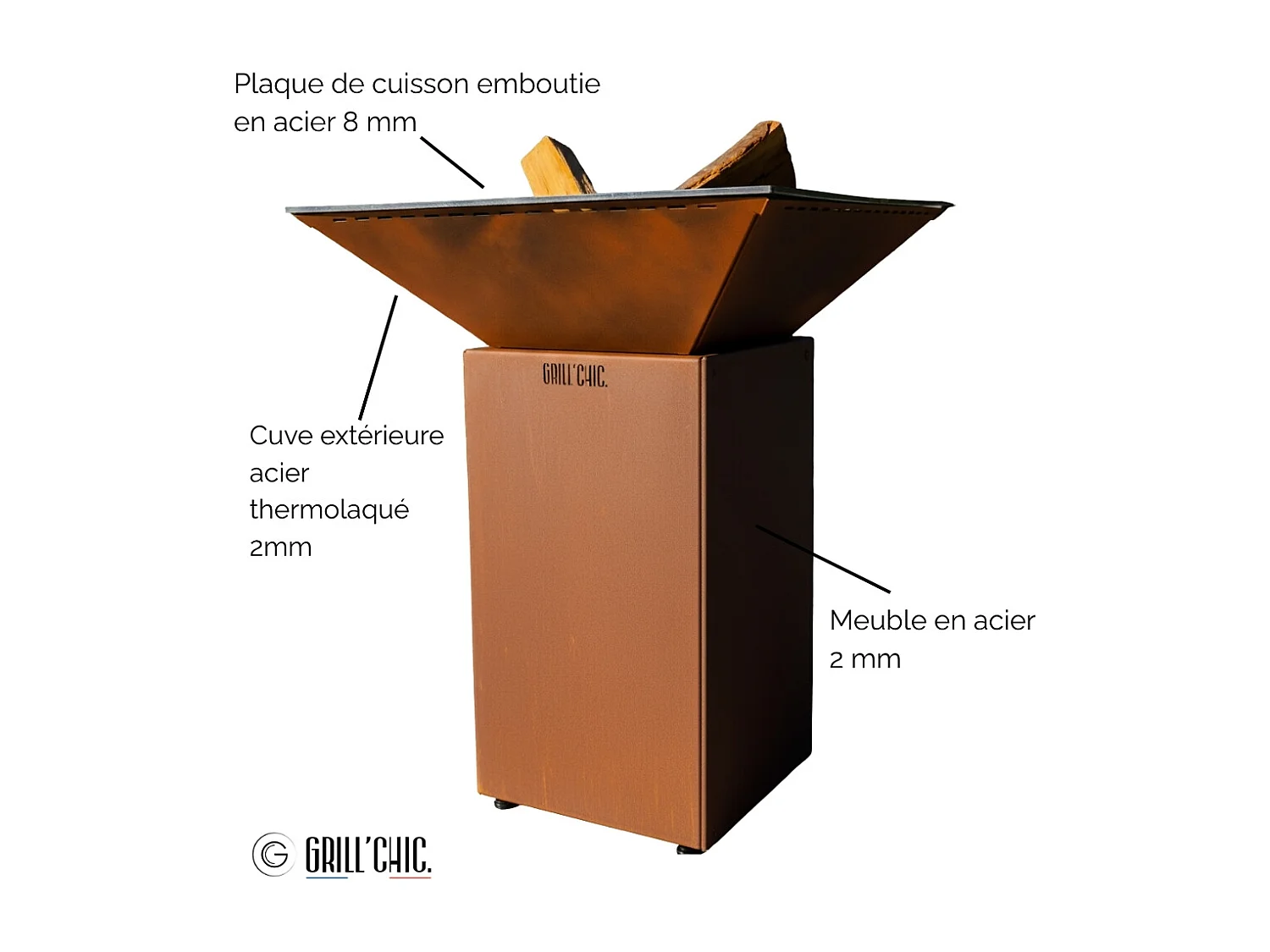 Brasero Cevenol Acier Normal Carre 74 Imitation Corten Double Cuve