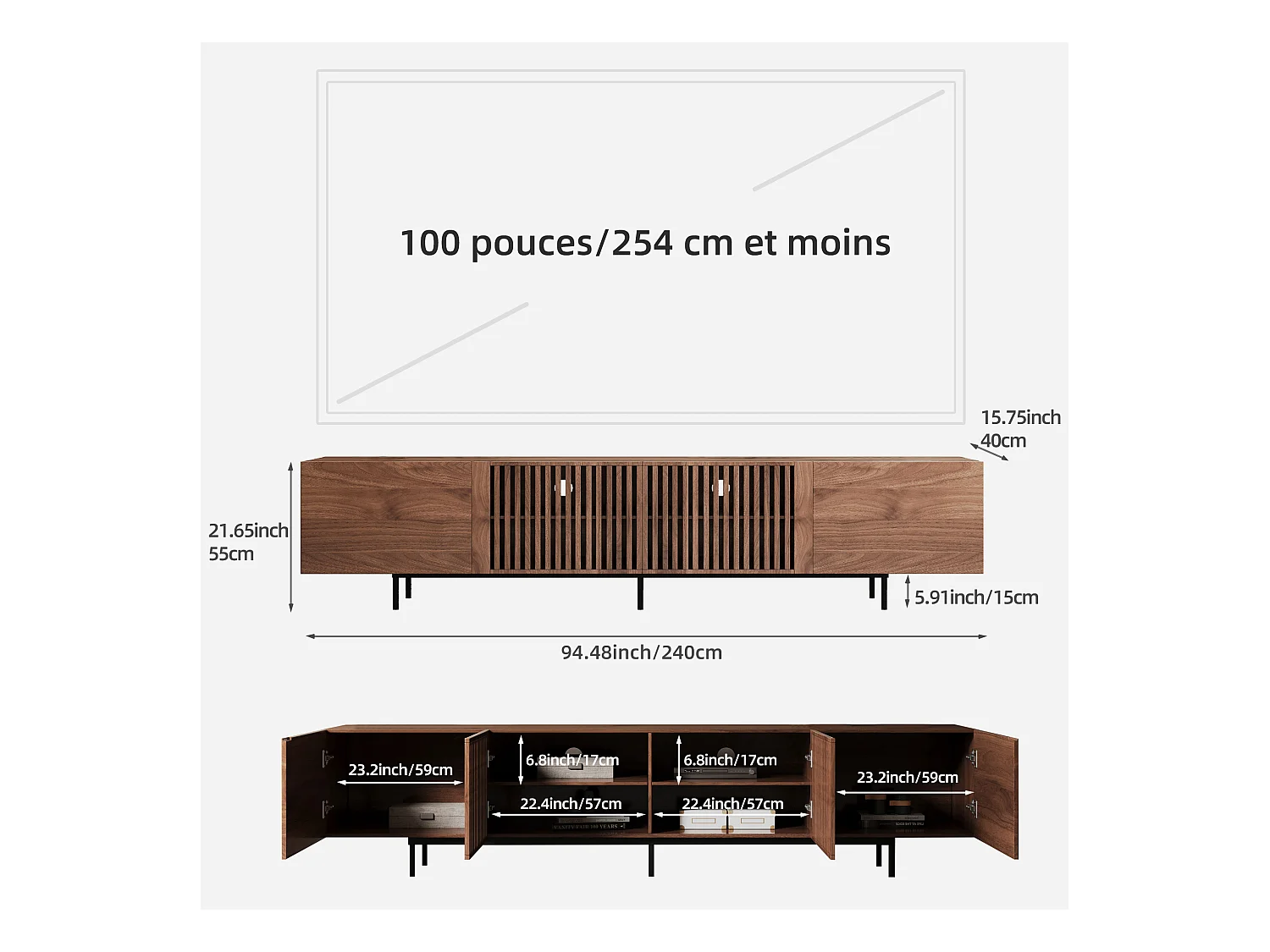 Meuble TV moderne 75", avec grand espace de rangement, console multimédia 240 cm, pour salon et chambre, couleur noyer