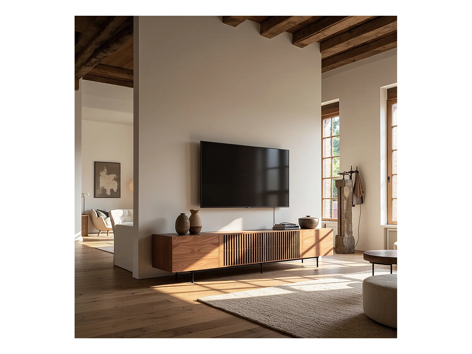 Meuble TV moderne 75", avec grand espace de rangement, console multimédia 240 cm, pour salon et chambre, couleur noyer