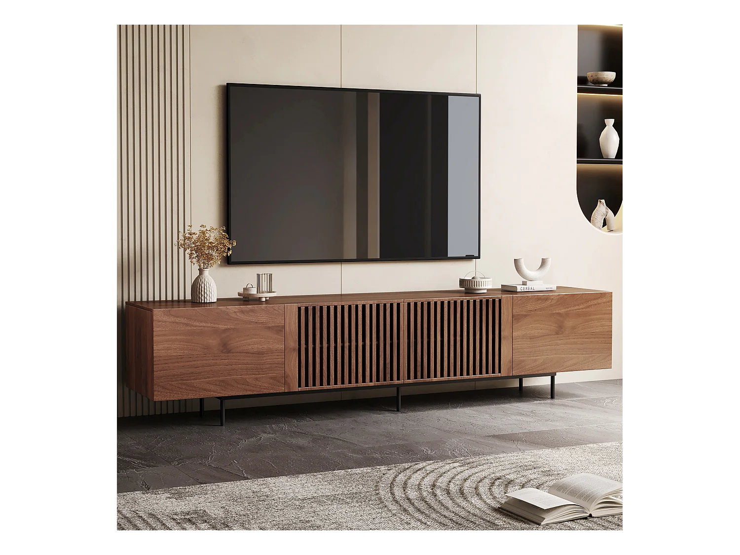 Meuble TV moderne 75", avec grand espace de rangement, console multimédia 240 cm, pour salon et chambre, couleur noyer