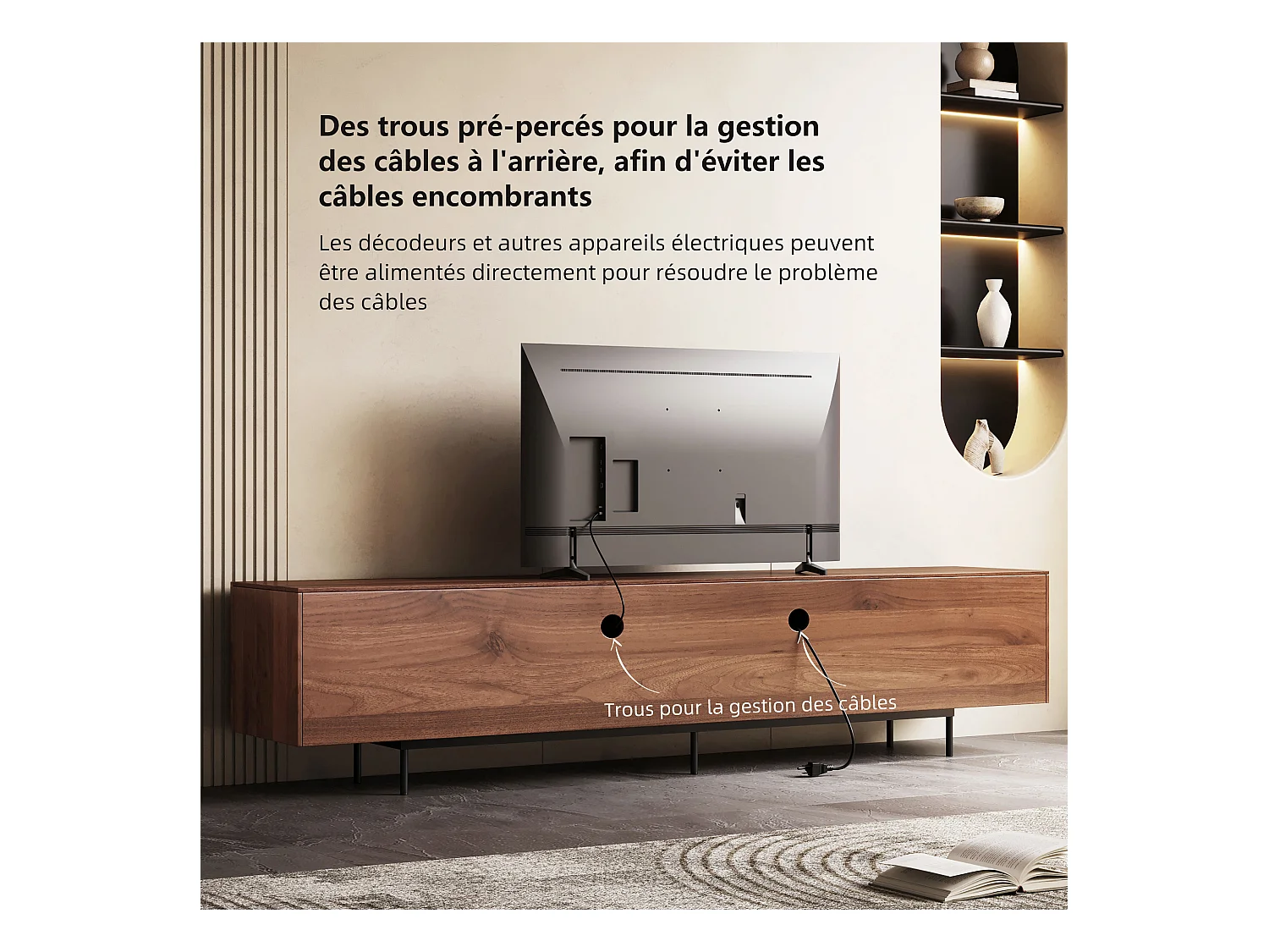 Meuble TV moderne 75", avec grand espace de rangement, console multimédia 240 cm, pour salon et chambre, couleur noyer