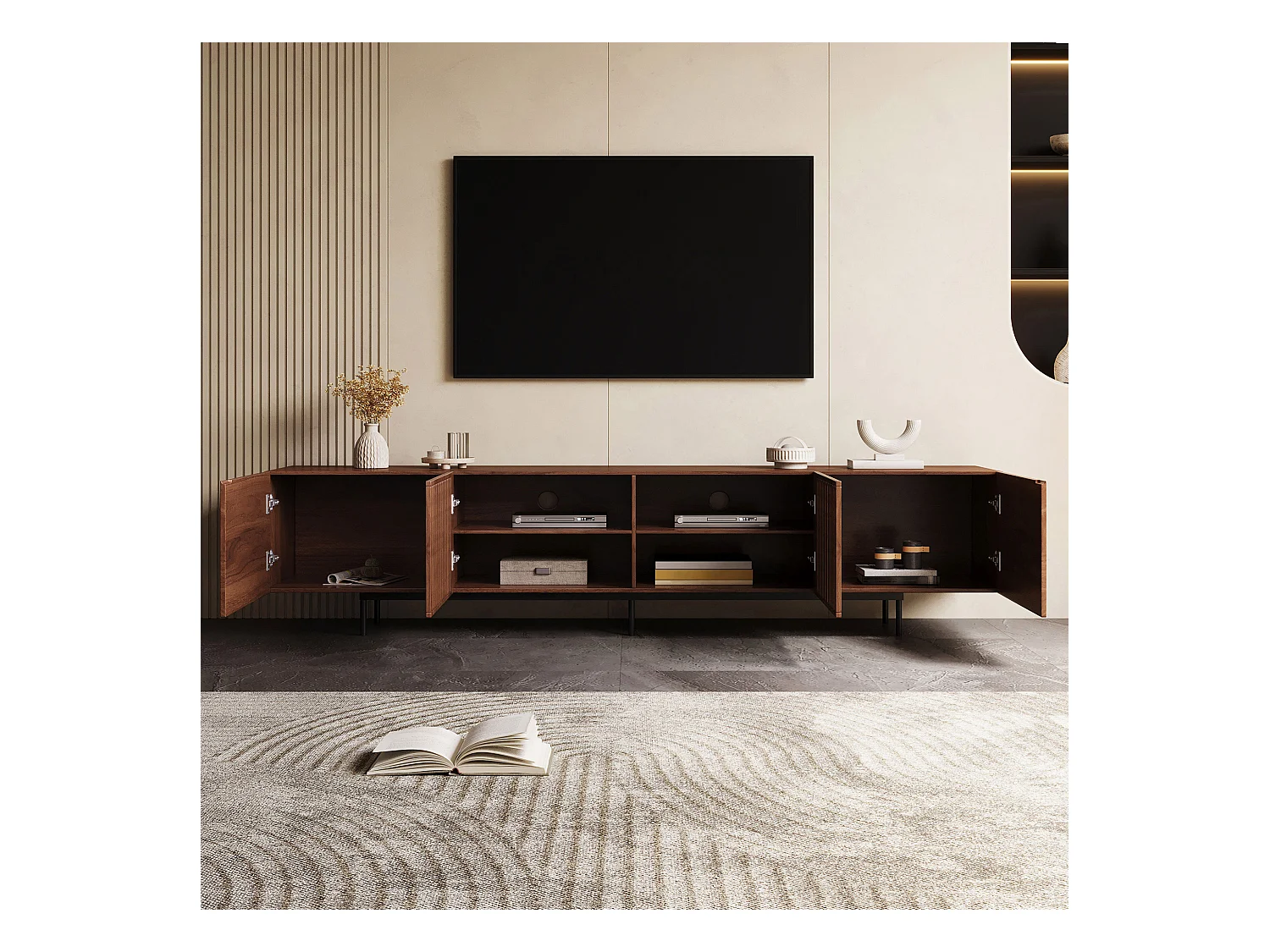 Meuble TV moderne 75", avec grand espace de rangement, console multimédia 240 cm, pour salon et chambre, couleur noyer