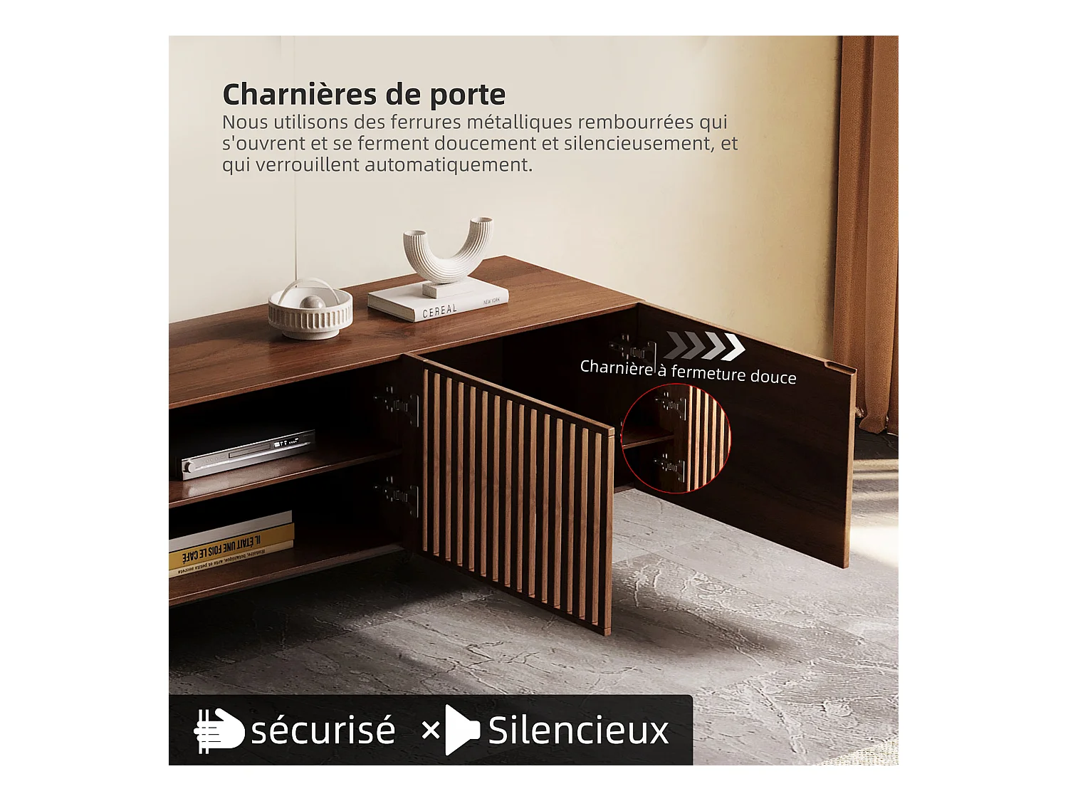 Meuble TV moderne 75", avec grand espace de rangement, console multimédia 240 cm, pour salon et chambre, couleur noyer