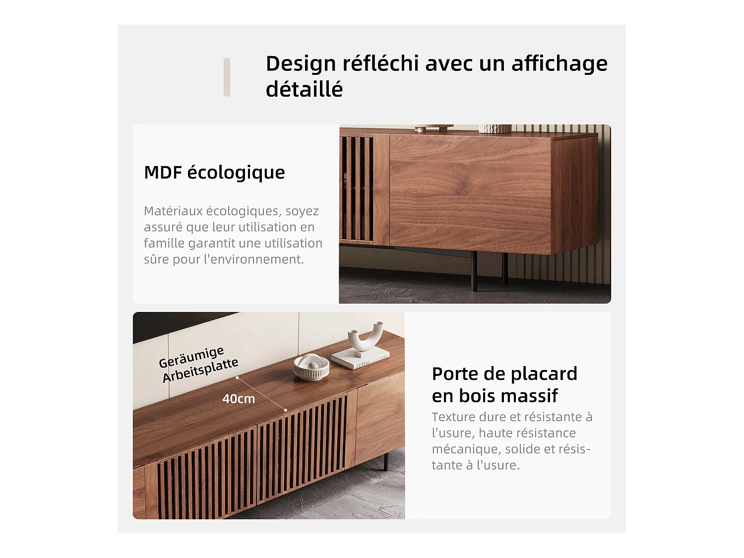 Meuble TV moderne 75", avec grand espace de rangement, console multimédia 240 cm, pour salon et chambre, couleur noyer