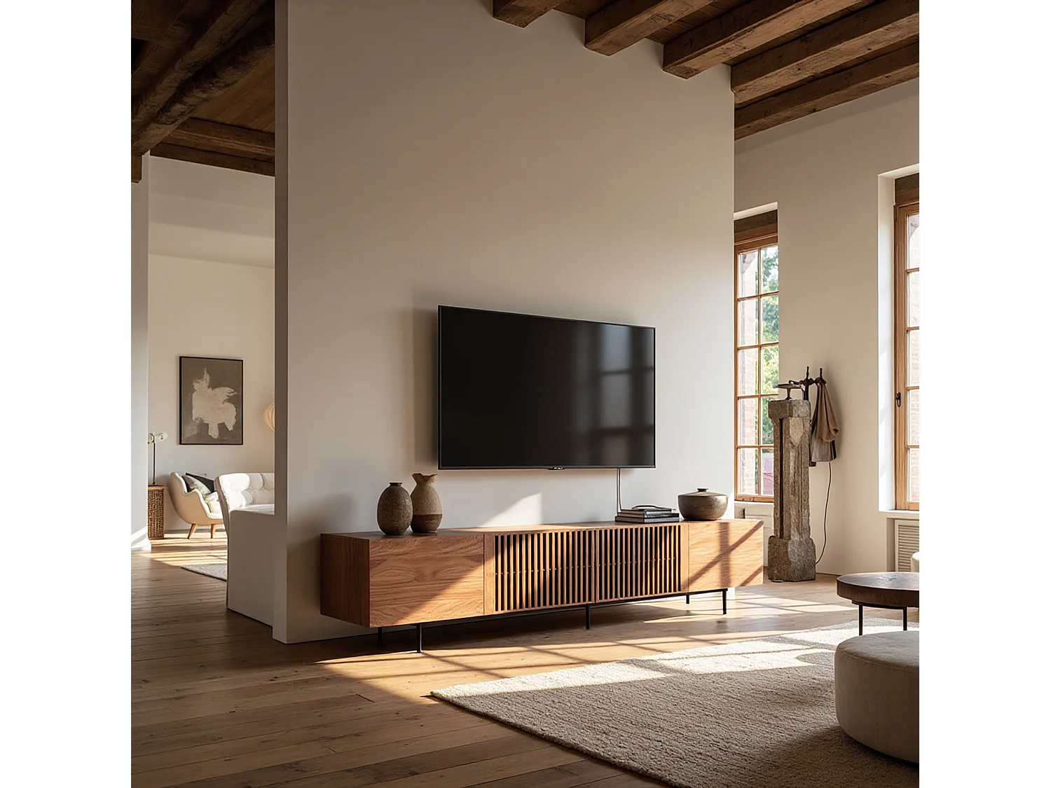 Meuble TV moderne 75", avec grand espace de rangement, console multimédia 240 cm, pour salon et chambre, couleur noyer