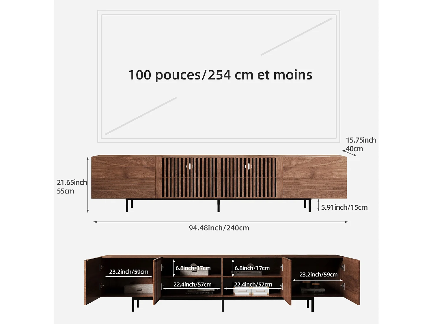 Meuble TV moderne 75", avec grand espace de rangement, console multimédia 240 cm, pour salon et chambre, couleur noyer