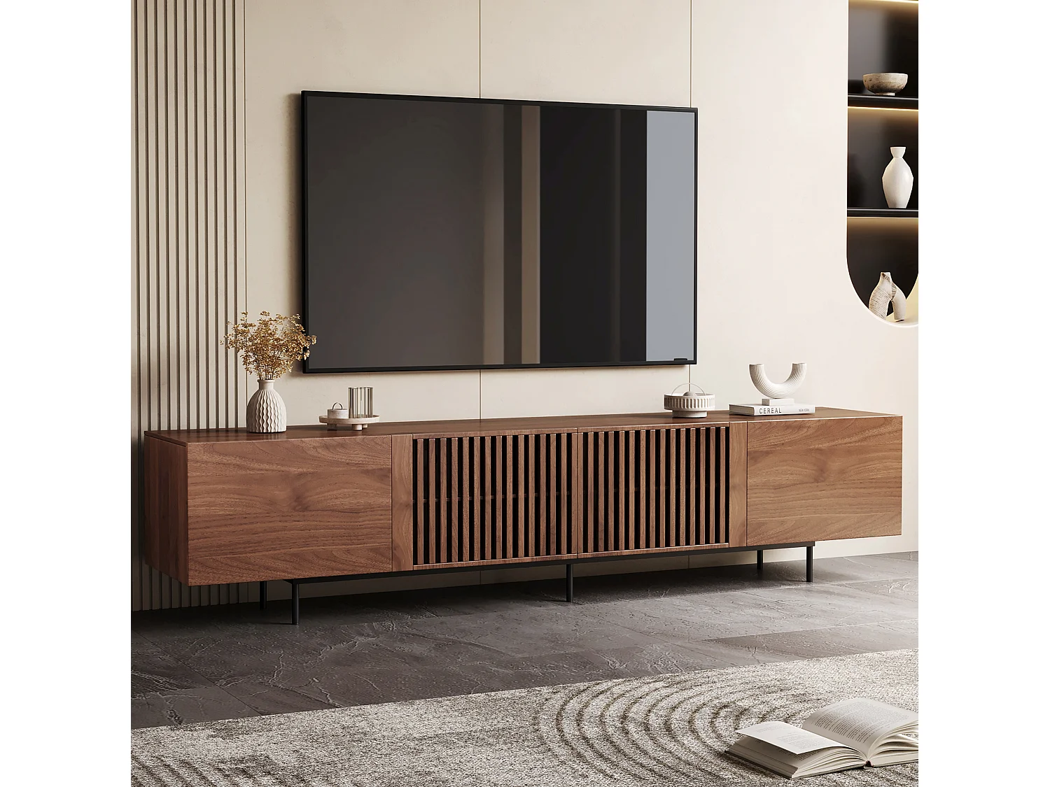 Meuble TV moderne 75", avec grand espace de rangement, console multimédia 240 cm, pour salon et chambre, couleur noyer