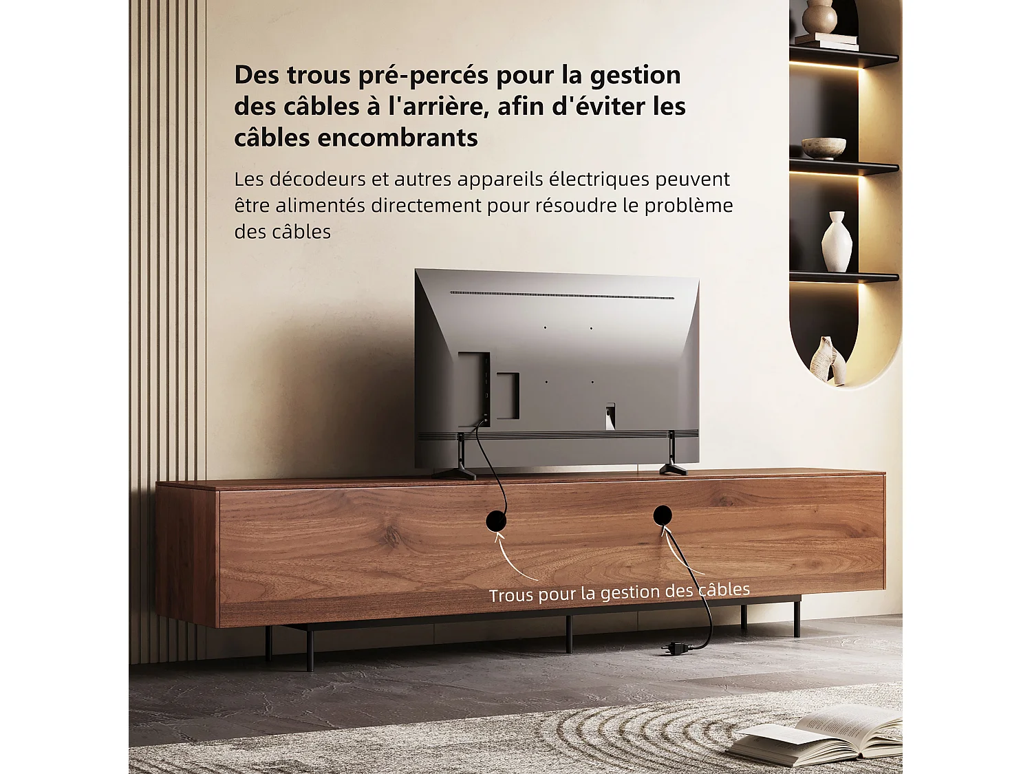 Meuble TV moderne 75", avec grand espace de rangement, console multimédia 240 cm, pour salon et chambre, couleur noyer