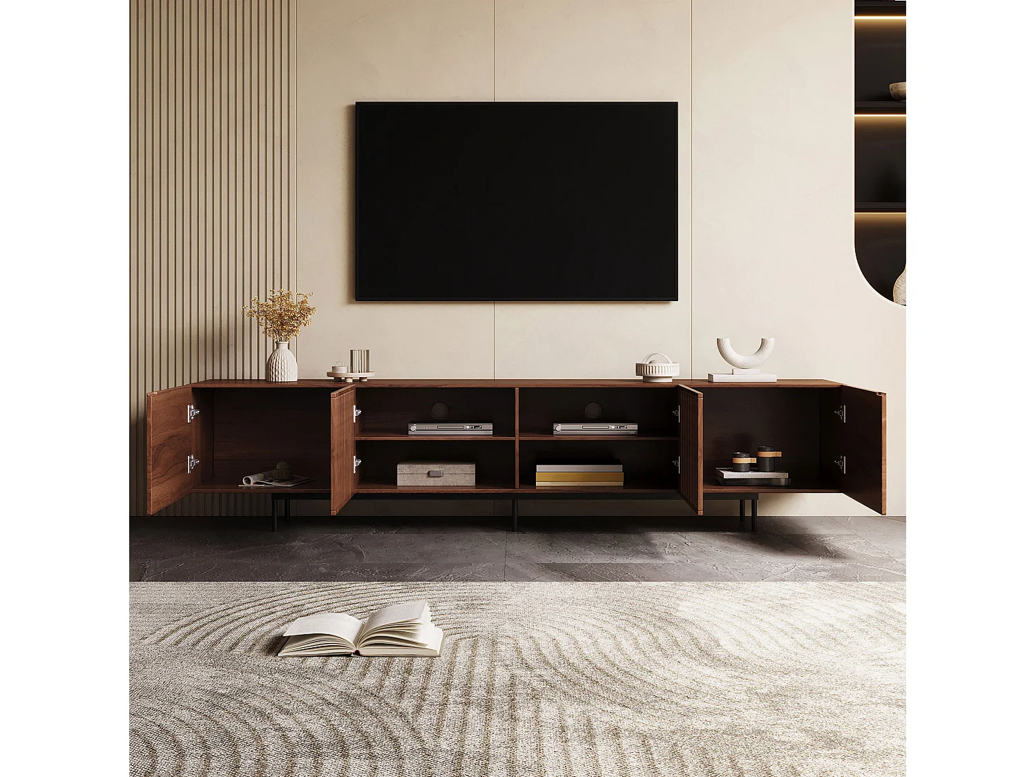 Meuble TV moderne 75", avec grand espace de rangement, console multimédia 240 cm, pour salon et chambre, couleur noyer
