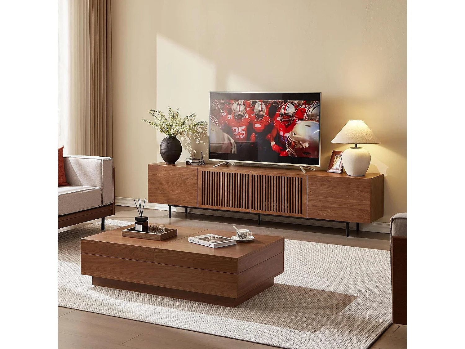 Meuble TV moderne 75", avec grand espace de rangement, console multimédia 240 cm, pour salon et chambre, couleur noyer