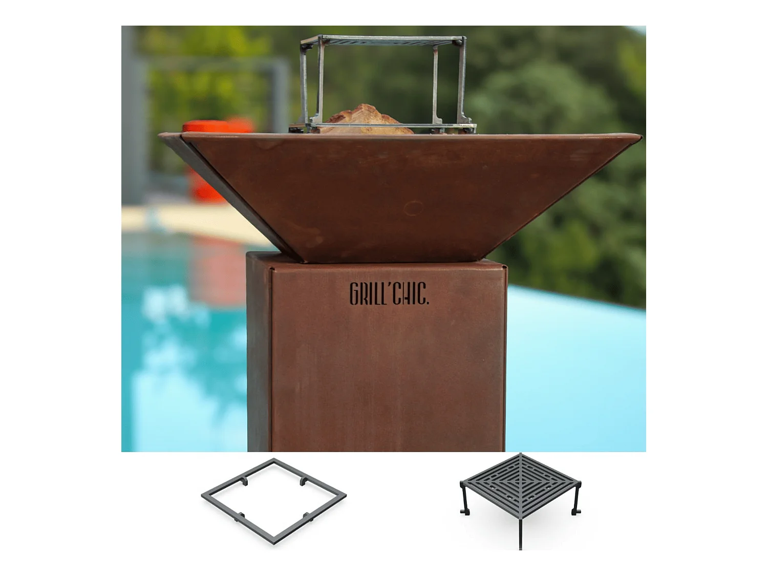 Pack Découverte Brasero AUVERGNAT Corten Simple Cuve Carré 62x76 cm - Sans rangement bois - Un brasero carré et traditionnel pour cuisiner au feu de bois avec