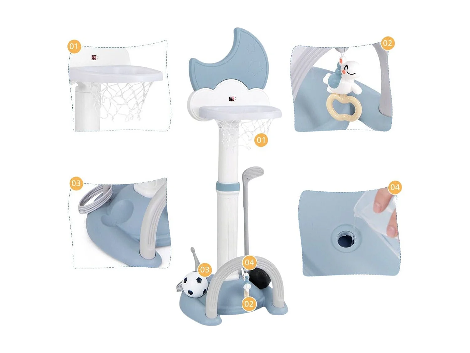 4 in 1 Kinder Basketballkorb Set mit Basketball & Fußball & Ringwurf Basketballständer Blau