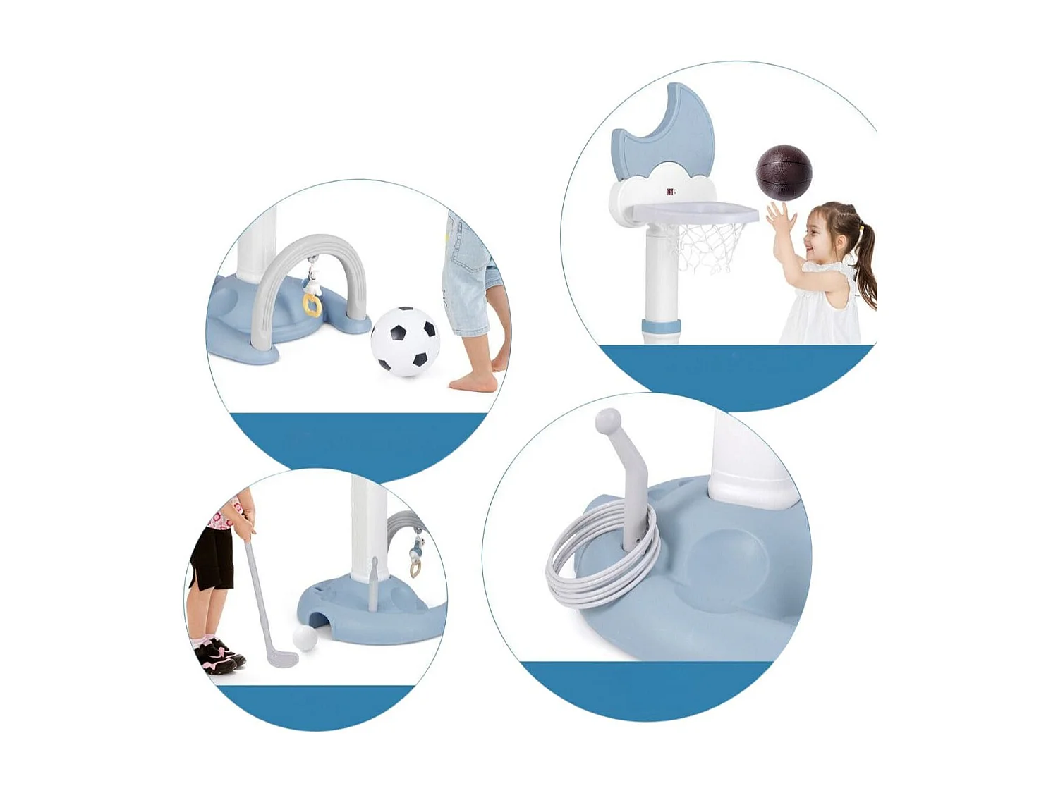 4 in 1 Kinder Basketballkorb Set mit Basketball & Fußball & Ringwurf Basketballständer Blau