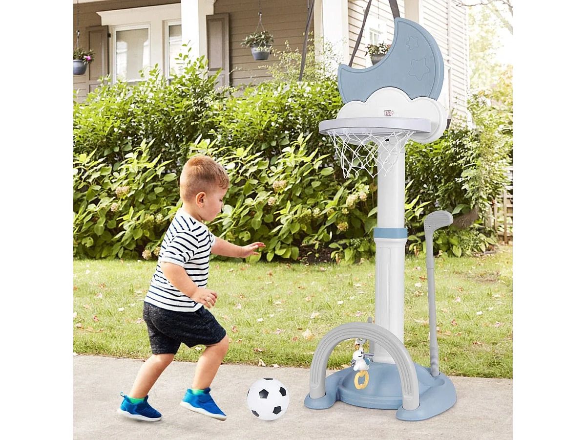 4 in 1 Kinder Basketballkorb Set mit Basketball & Fußball & Ringwurf Basketballständer Blau