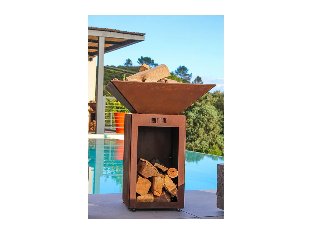 AUVERGNAT Simple Cuve Corten - Bol à feu carré - Avec rangement bois - Design pratique et esthétique pour des soirées chaleureuses en extérieur