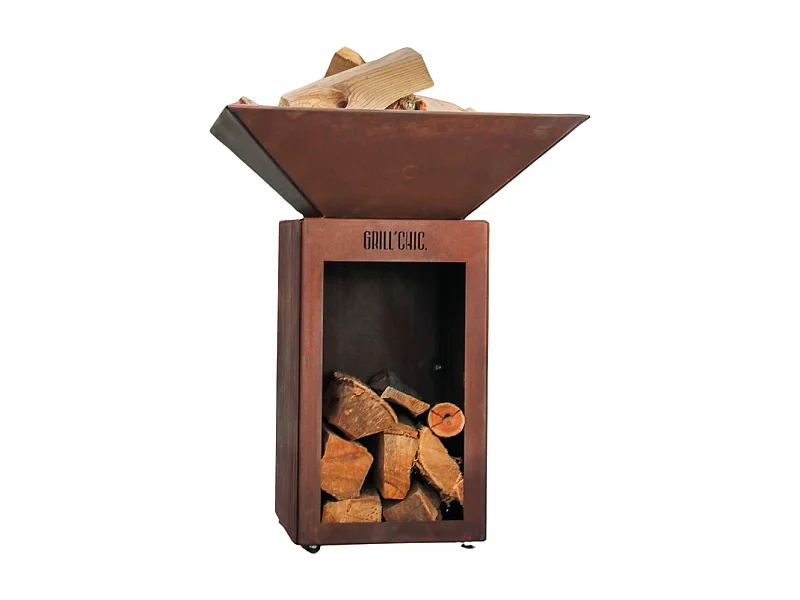 Bol à feu AUVERGNAT Simple Cuve Corten - Carré - Avec rangement bois - Design pratique et esthétique pour des soirées chaleureuses en extérieur