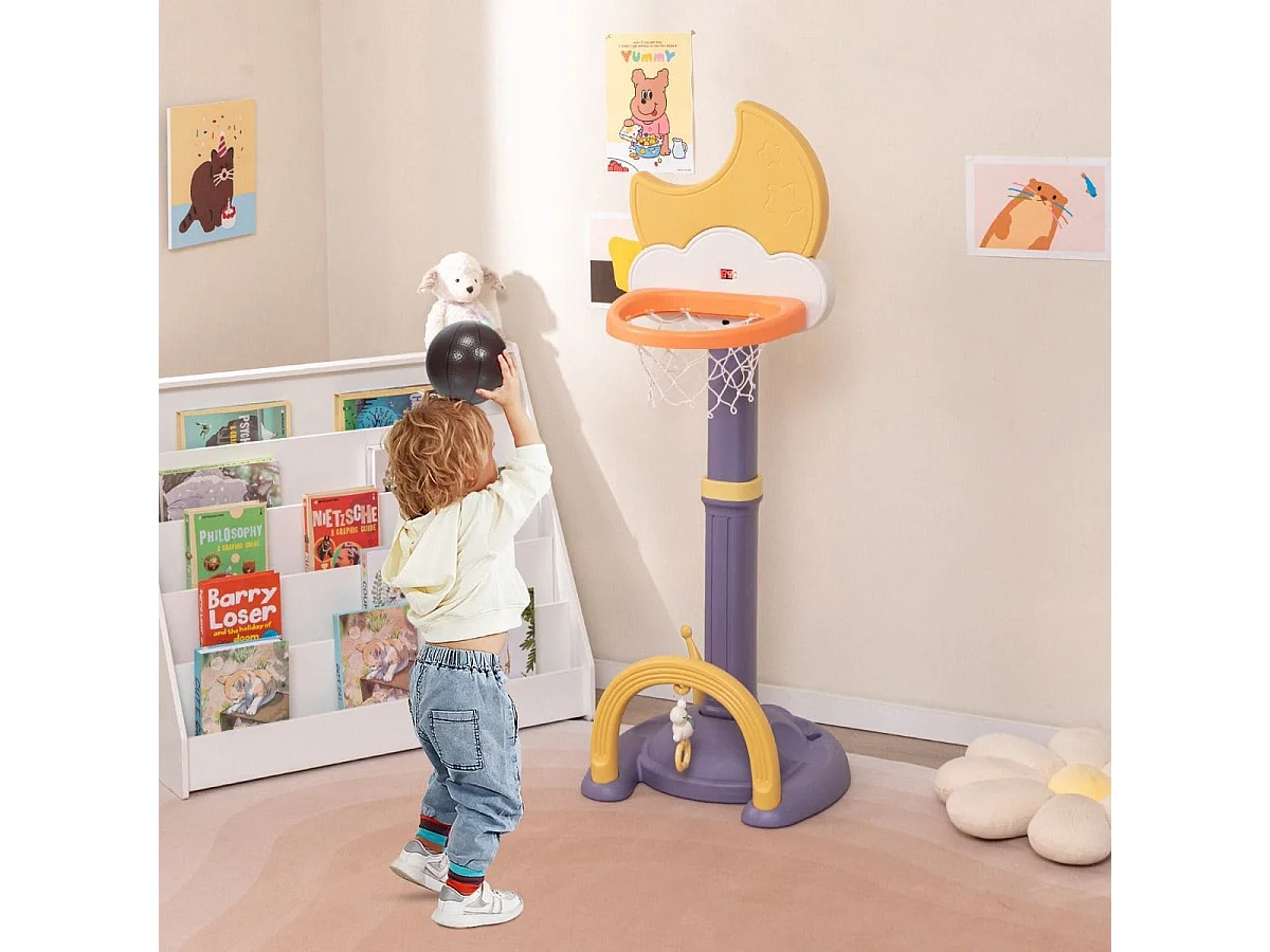 Panier de Basket 4-en-1 Aire de Jeu Réglable en Hauteur avec Basketball Football Golf et Jeu de Anneaux pour Enfants à Partir de 3 Ans Jaune