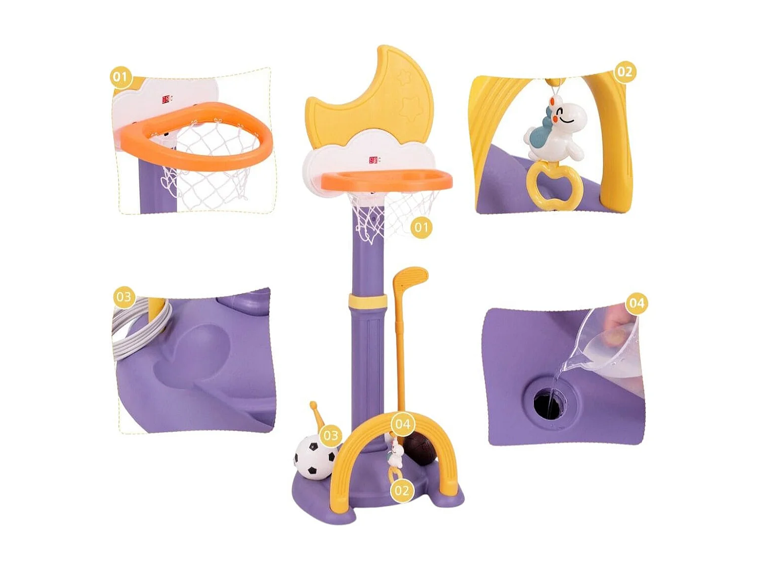 Panier de Basket 4-en-1 Aire de Jeu Réglable en Hauteur avec Basketball Football Golf et Jeu de Anneaux pour Enfants à Partir de 3 Ans Jaune