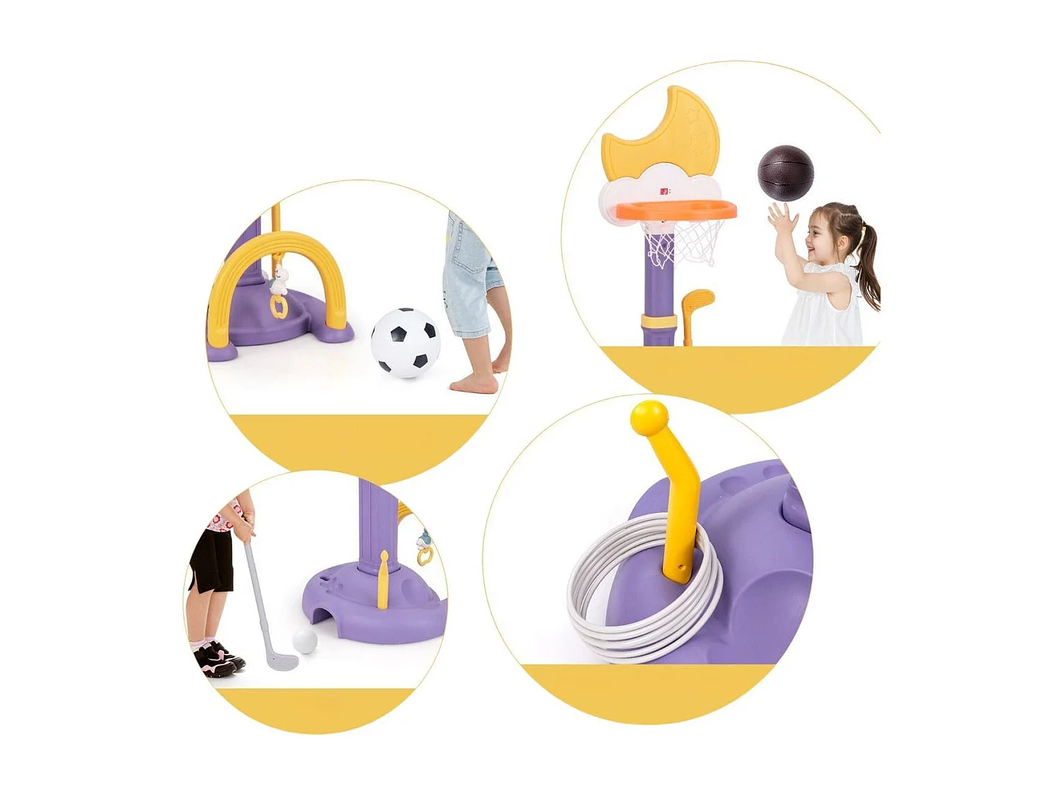 Panier de Basket 4-en-1 Aire de Jeu Réglable en Hauteur avec Basketball Football Golf et Jeu de Anneaux pour Enfants à Partir de 3 Ans Jaune