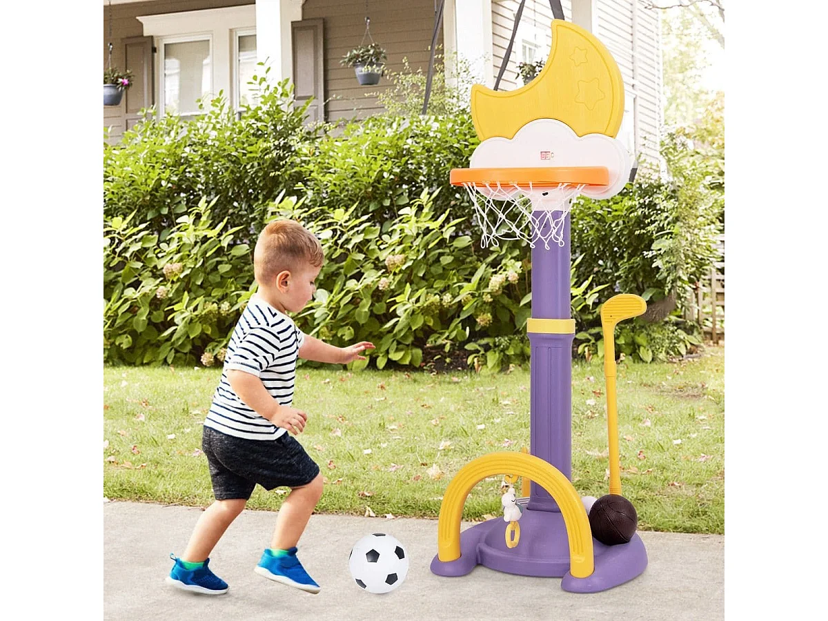 Panier de Basket 4-en-1 Aire de Jeu Réglable en Hauteur avec Basketball Football Golf et Jeu de Anneaux pour Enfants à Partir de 3 Ans Jaune