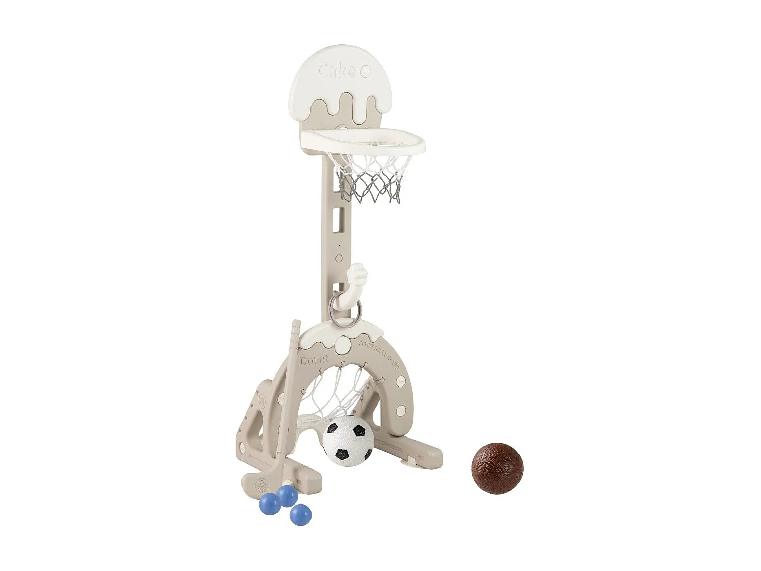 Centre d'Activités 4 en 1 pour Enfants de 3-10 Ans avec Panier de Basket-Ball But de Football Golf Lancer d'Anneaux Réglable en Hauteur Gris