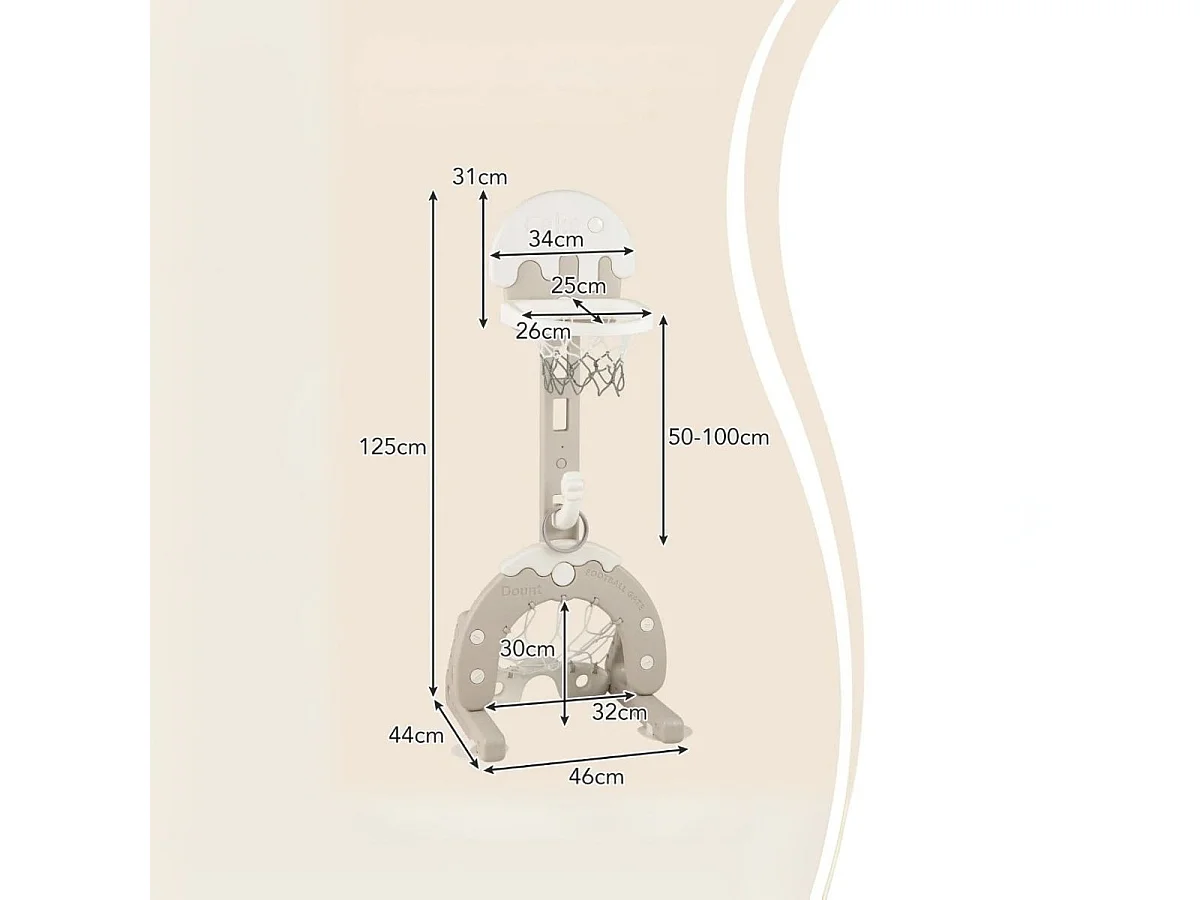 Centre d'Activités 4 en 1 pour Enfants de 3-10 Ans avec Panier de Basket-Ball But de Football Golf Lancer d'Anneaux Réglable en Hauteur Gris