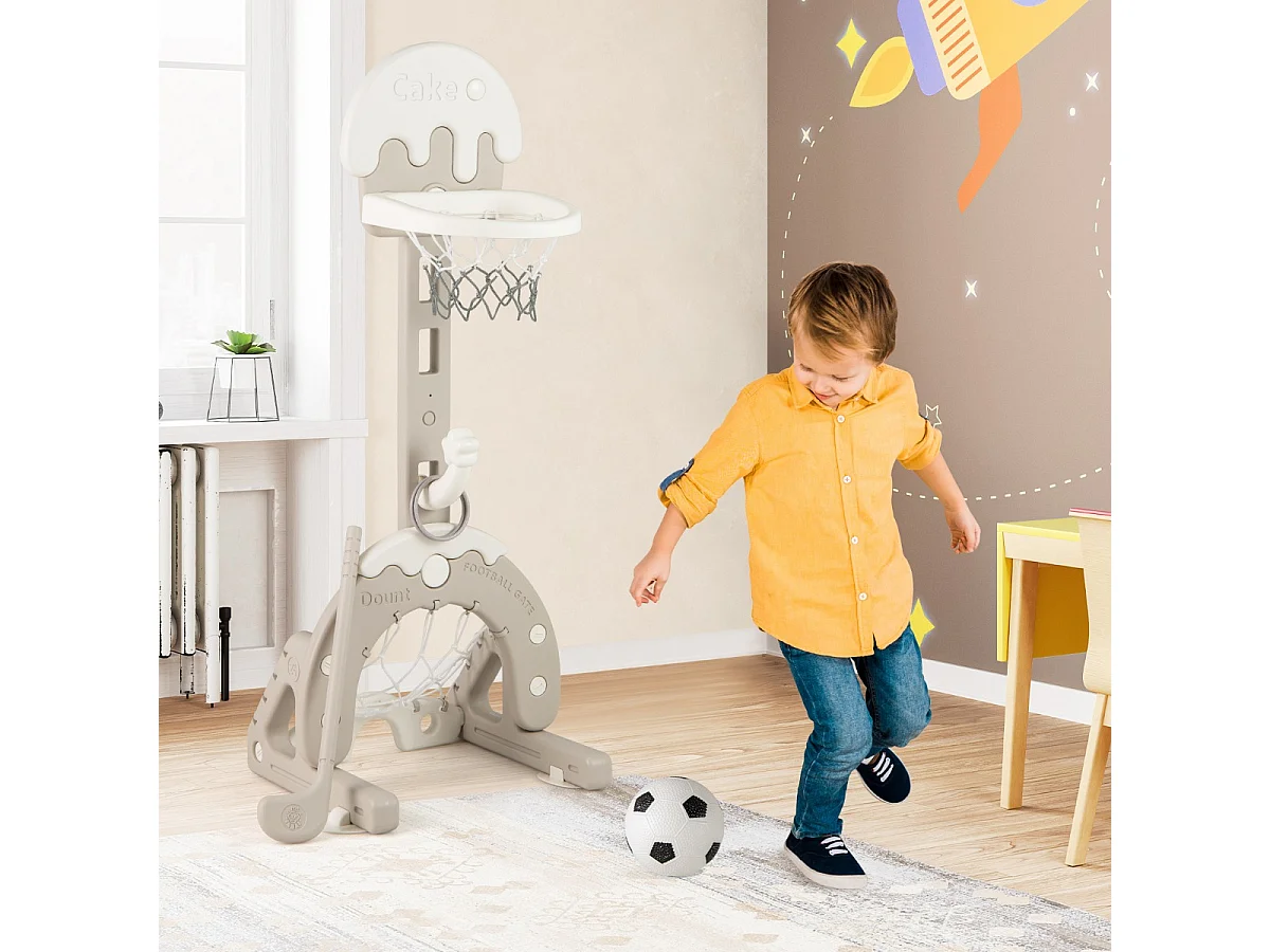 Centre d'Activités 4 en 1 pour Enfants de 3-10 Ans avec Panier de Basket-Ball But de Football Golf Lancer d'Anneaux Réglable en Hauteur Gris