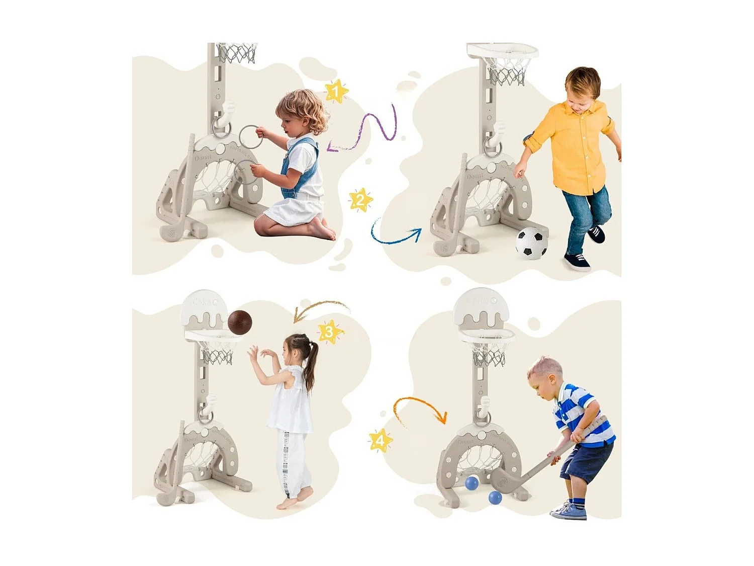 Centre d'Activités 4 en 1 pour Enfants de 3-10 Ans avec Panier de Basket-Ball But de Football Golf Lancer d'Anneaux Réglable en Hauteur Gris