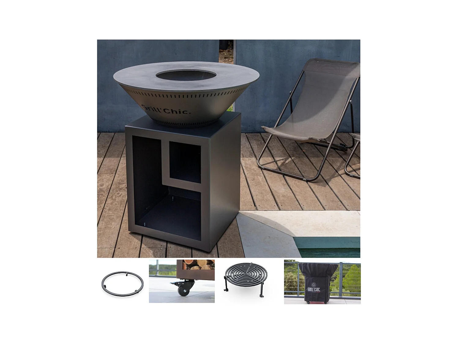 Pack Brasero Printemps CLASSIQUE Double Cuve Aluminum 103x90cm - Anthracite - Idéal pour un extérieur moderne et raffiné