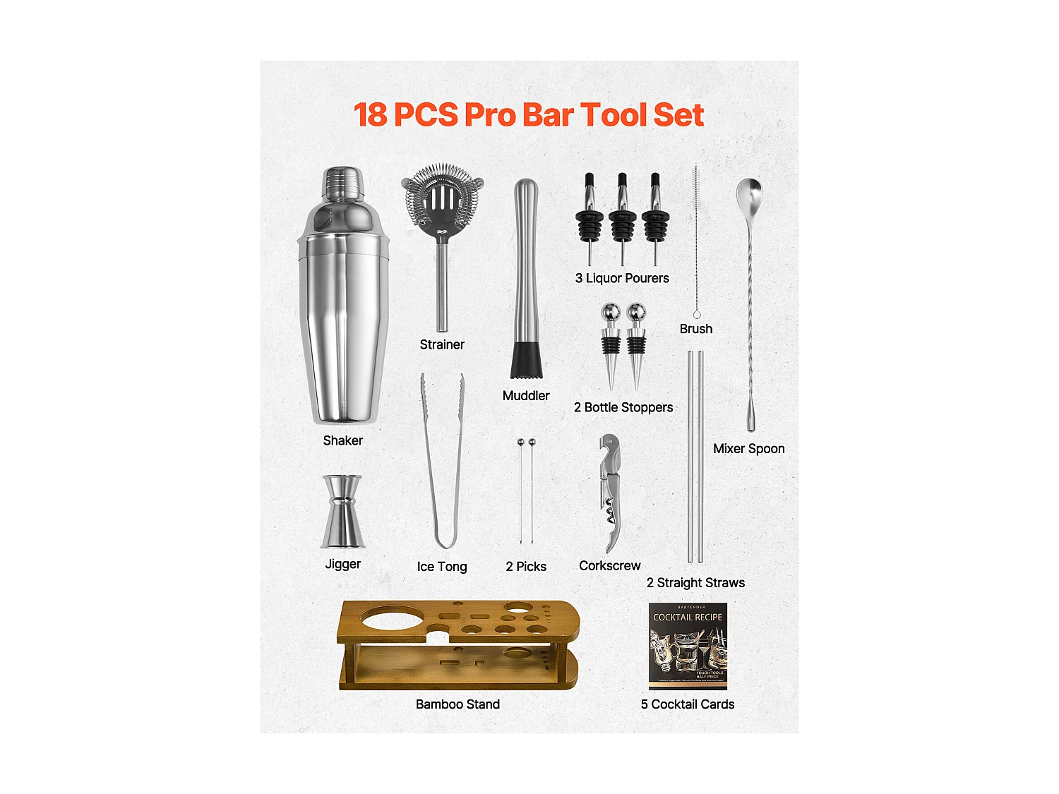 Cocktail SucceBuy Set Barman Kit Shaker da Cocktail in Acciaio Inox 18 Pezzi Argento
