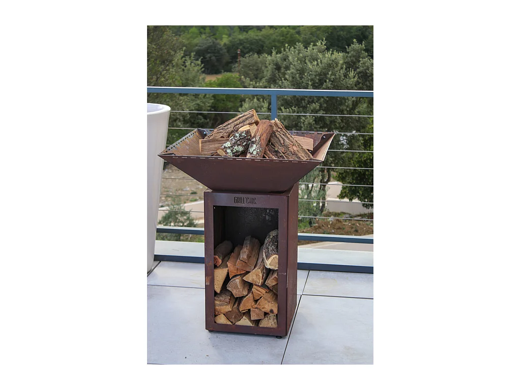 CEVENOL Simple Cuve Corten - Bol à feu carré - Avec rangement bois - Alliant praticité et design rustique pour un extérieur harmonieux