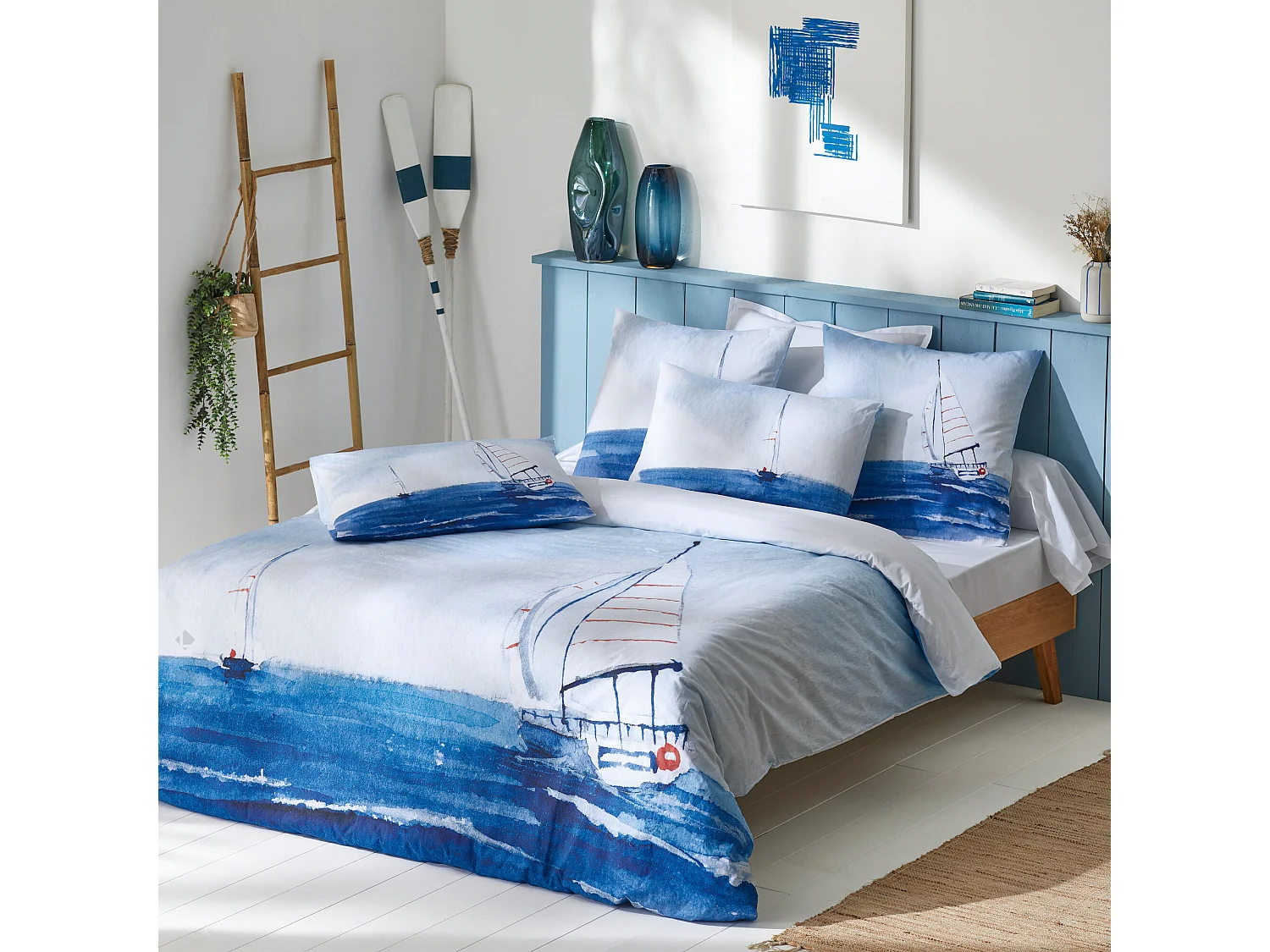 Parure de lit 240x220 cm 50x70 cm percale REGATE bleu 3 pièces